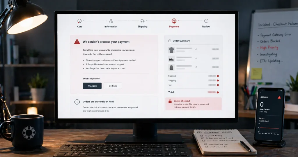 Store checkout broke and orders stopped on a live online store checkout page