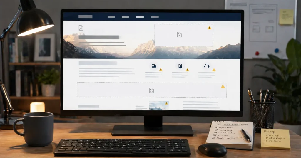 Website breaks after an update with a broken interface and warning state on screen