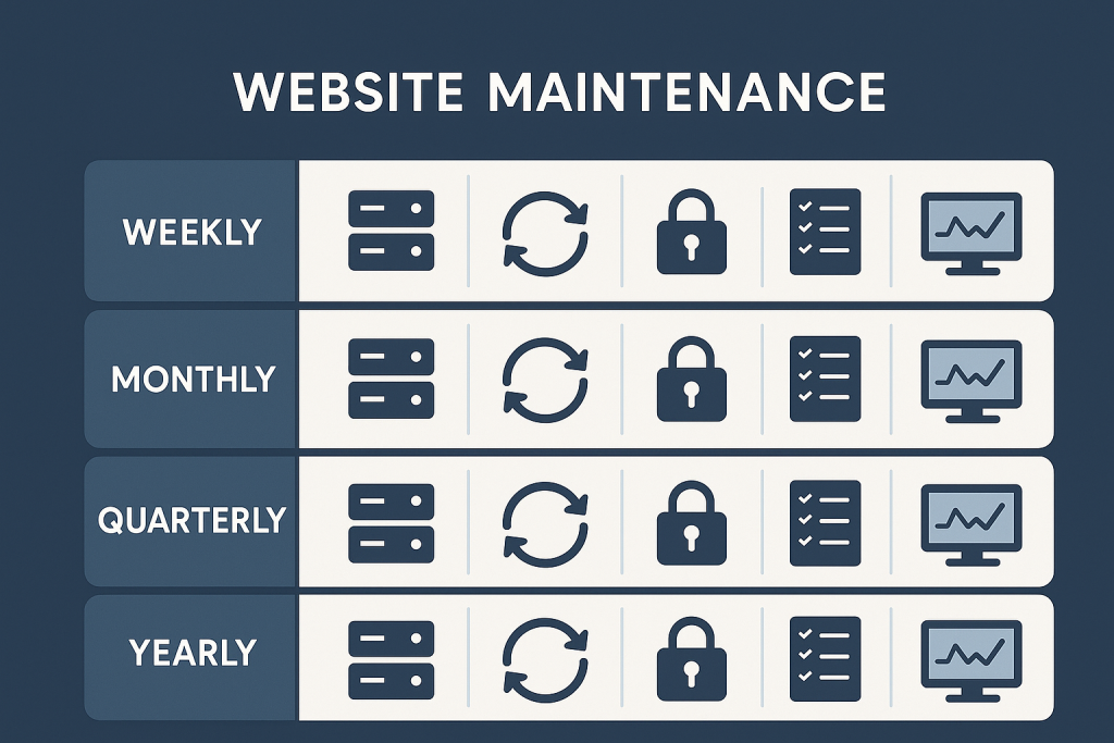 Website maintenance schedule showing weekly, monthly, quarterly, and yearly checks