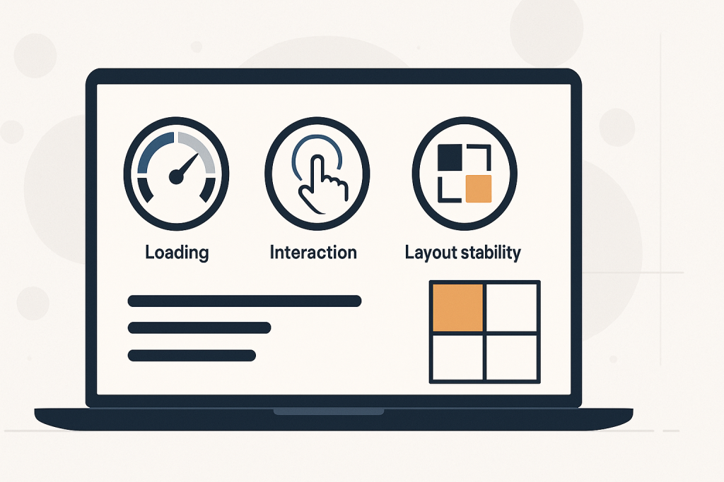 Performance report showing Core Web Vitals priorities for loading, interaction, and layout stability