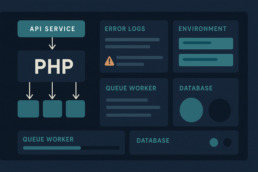 Developer reviewing Lumen API logs and configuration during production troubleshooting