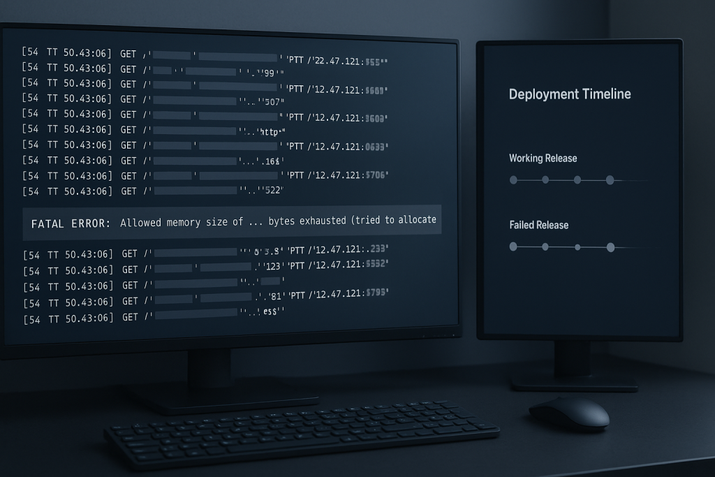 Developer reviewing a PHP fatal error after deployment in server logs
