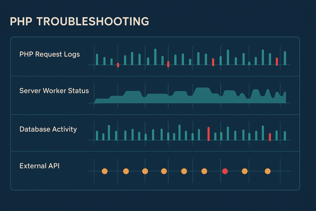 Developer tracing intermittent PHP errors across logs, workers, and server metrics