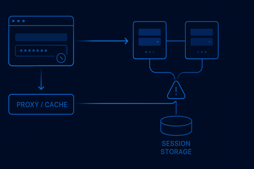 Diagram showing a Symfony form CSRF token validation flow between browser session, cache, proxy, and application server