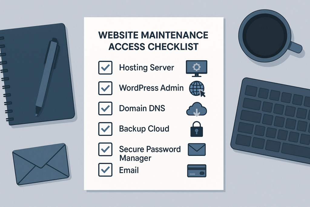 Website maintenance access checklist showing hosting, WordPress, DNS, backups, and integrations