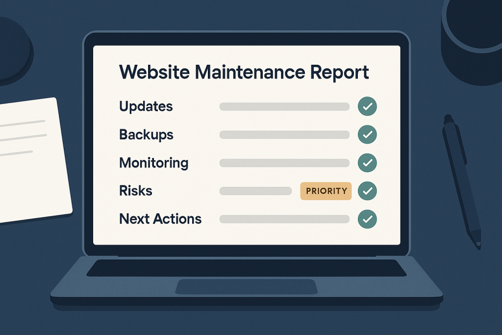 Website maintenance report showing completed work, backup status, risks, and next actions