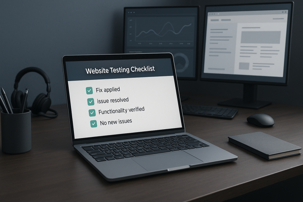 Website testing checklist displayed beside a laptop after a live bug fix