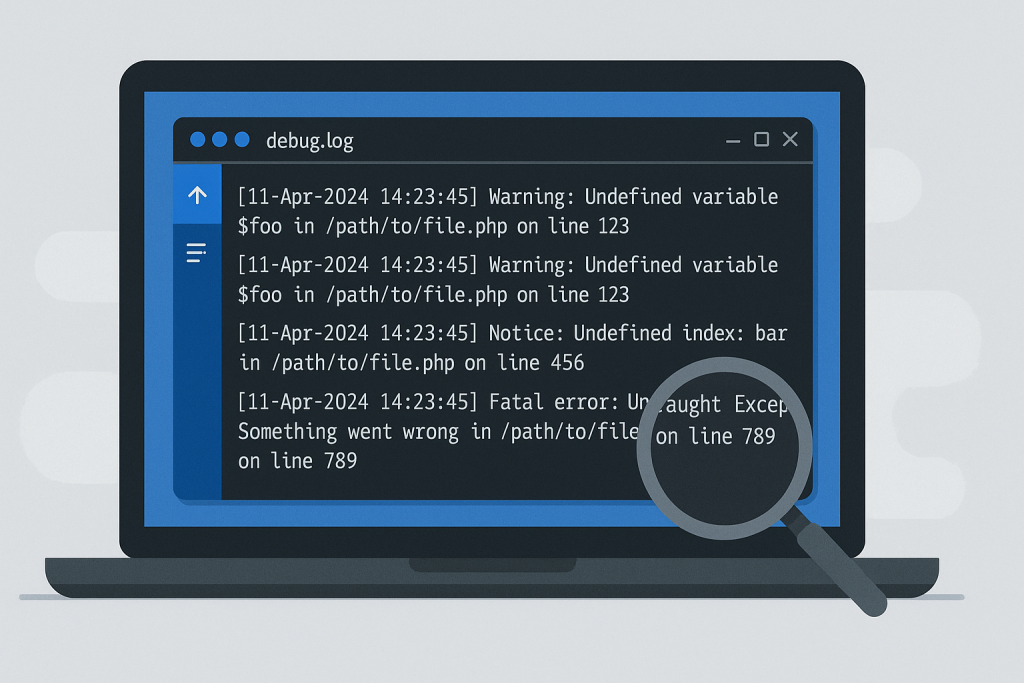 WordPress debug log shown in a code editor during site troubleshooting
