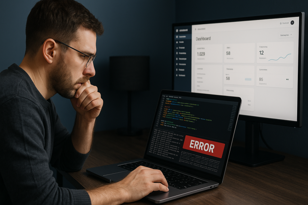 Developer reviewing Magento 1 store error logs and code on a laptop