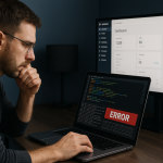 Developer reviewing Magento 1 store error logs and code on a laptop