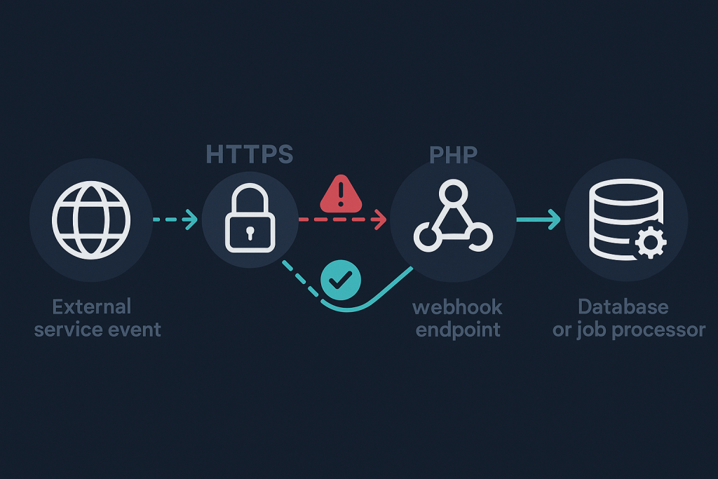 Diagram showing an external webhook provider delivering a request through a server to a PHP application