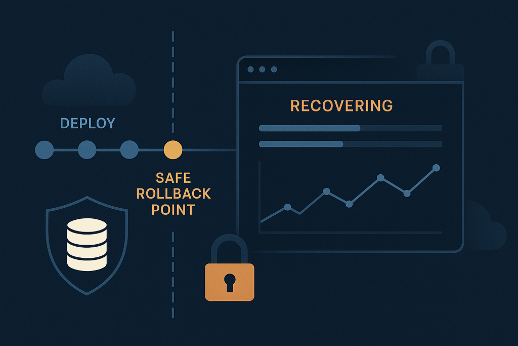 Technical dashboard showing a controlled website rollback during a live outage