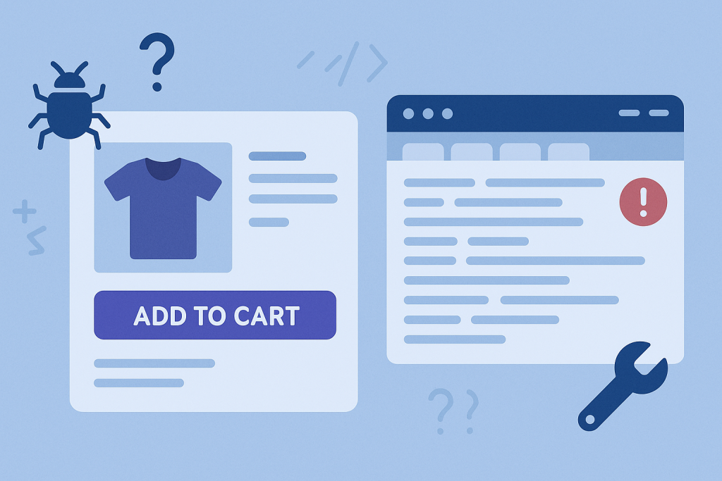 WooCommerce product page with an add to cart button and troubleshooting indicators