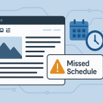WordPress editor showing a missed schedule post with a calendar and background task indicators