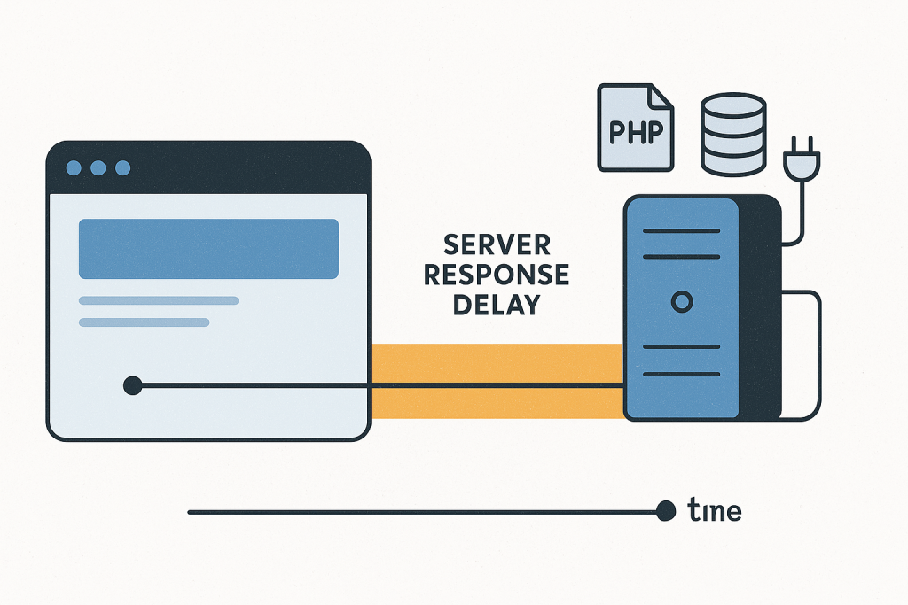 Browser request timing diagram showing a long wait before the first byte of a website response