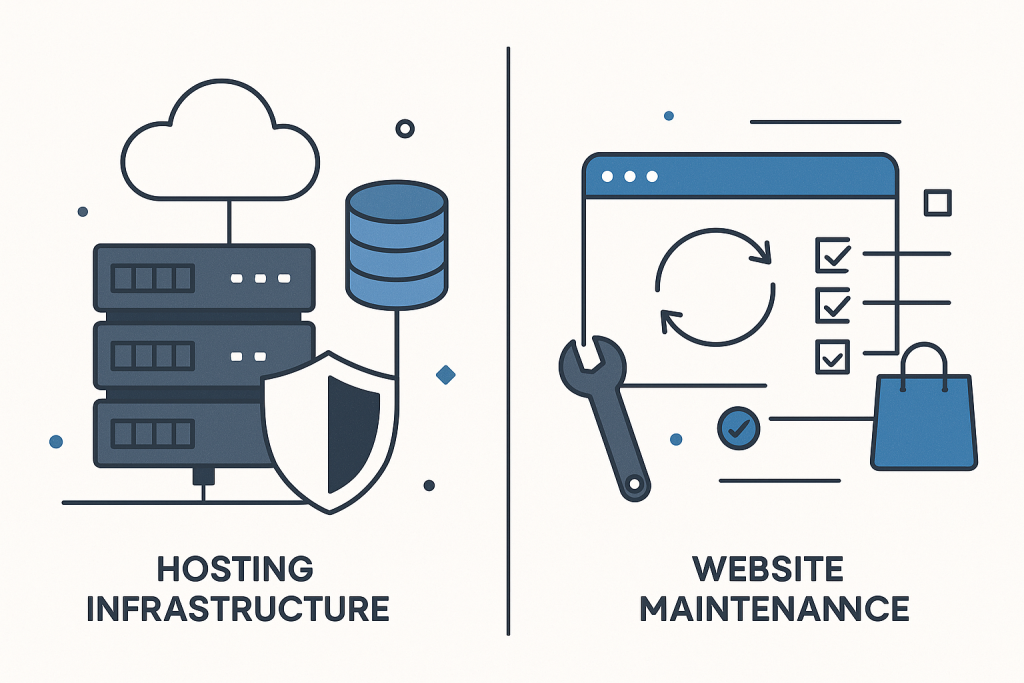 Diagram showing web hosting infrastructure and website maintenance tasks as separate but connected services